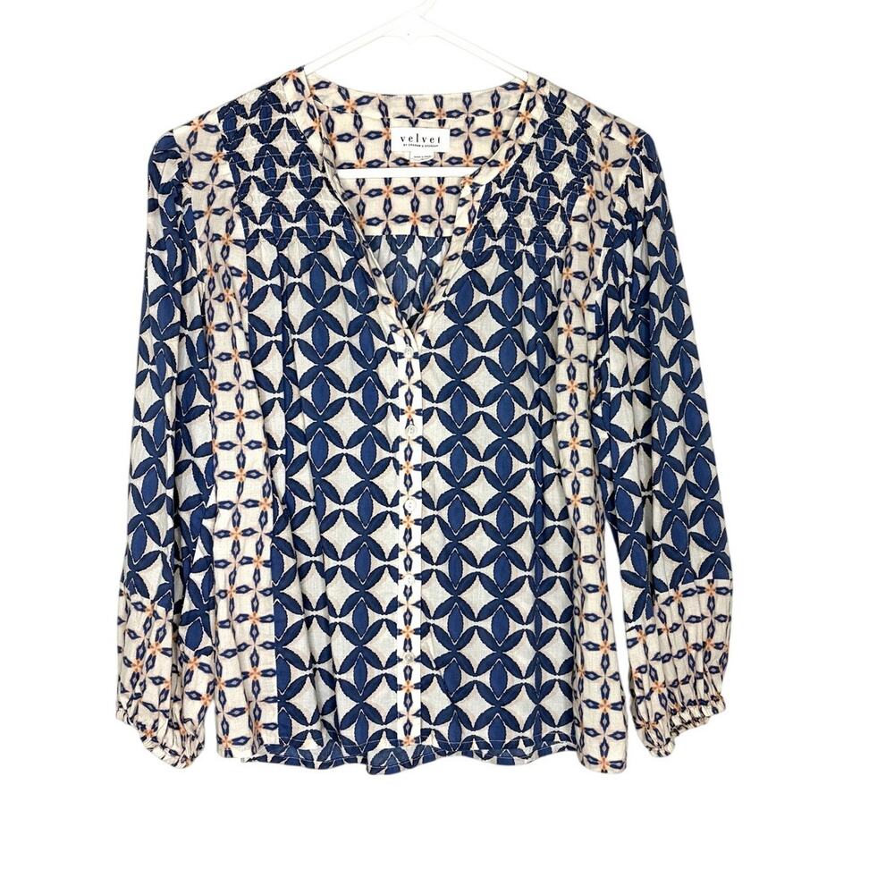 Velvet by Graham & Spencer Haddon Blouse Sz S Geometric Cotton Boho Peasant Chic